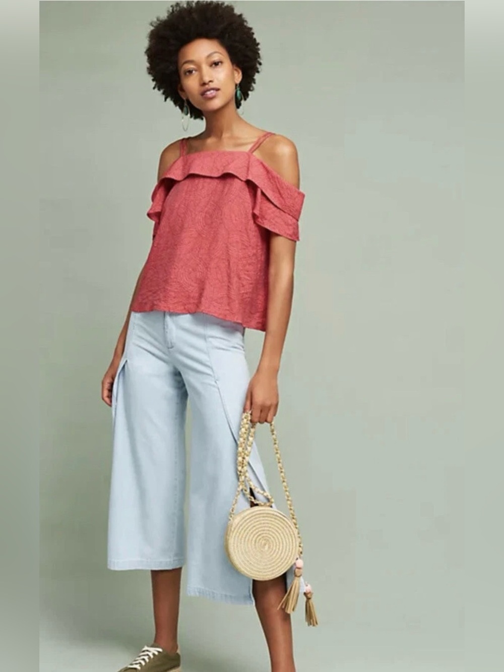 Anthropologie Maeve Off Shoulder Top Medium Coral Ruffle Cold Shoulder Boho - Picture 1 of 12